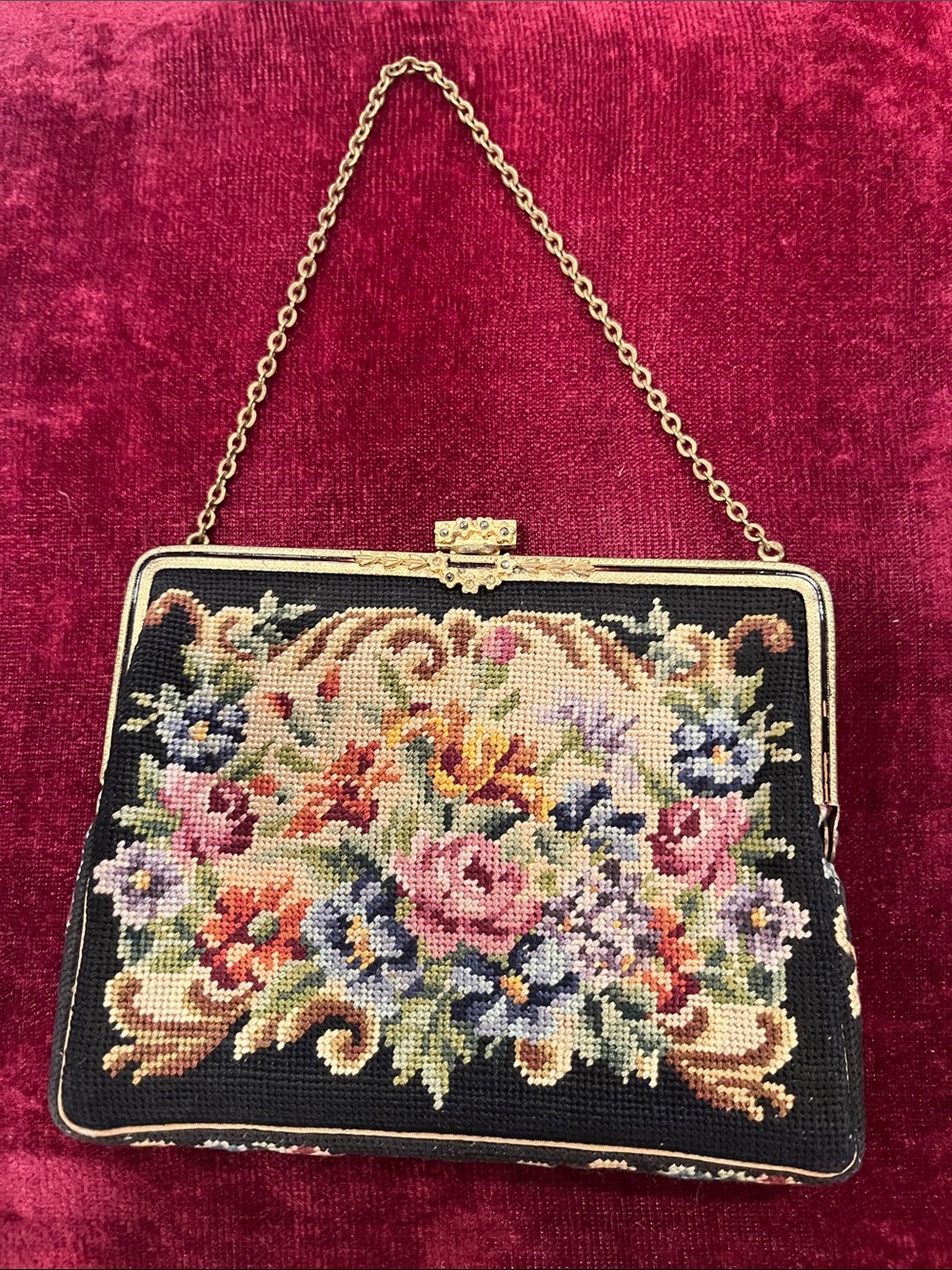 Vintage Black Floral Needlepoint Evening Bag with Gold Chain